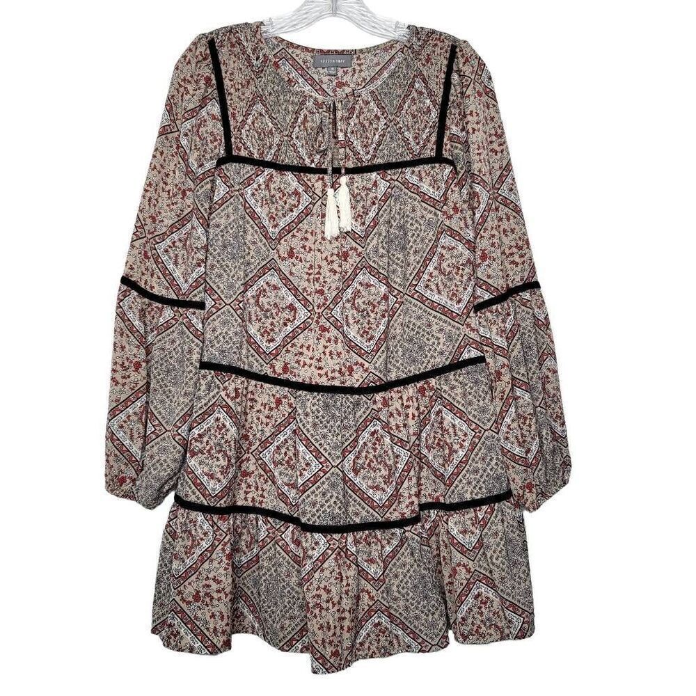 Hudson Gray Boho Tiered Keyhole Tassels Balloon Sleeves Mini Dress Size Small